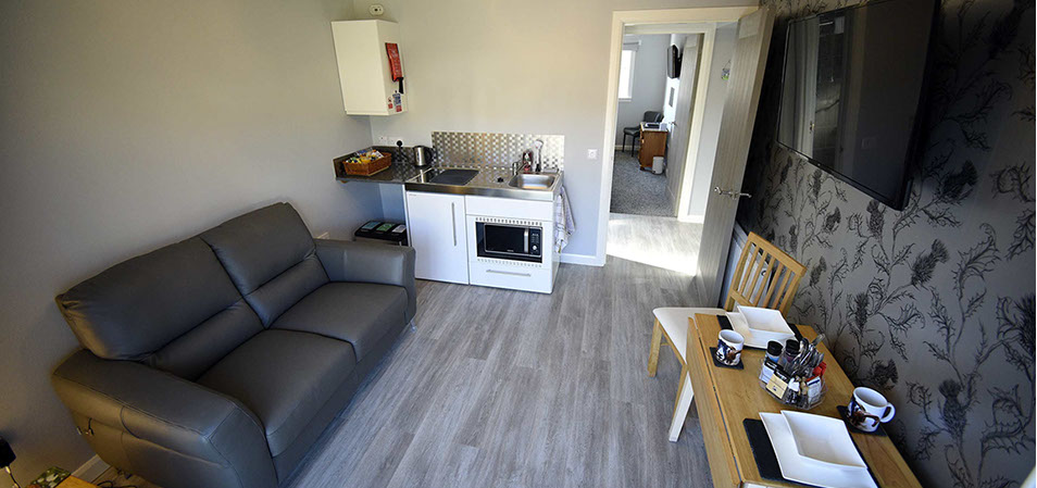 Our self catering apartment suite is open plan design with spacious living room and kitchenette