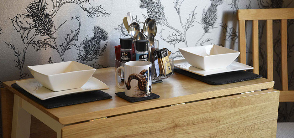 Thistle Dubh Dandy has a private dining table with crockery provided